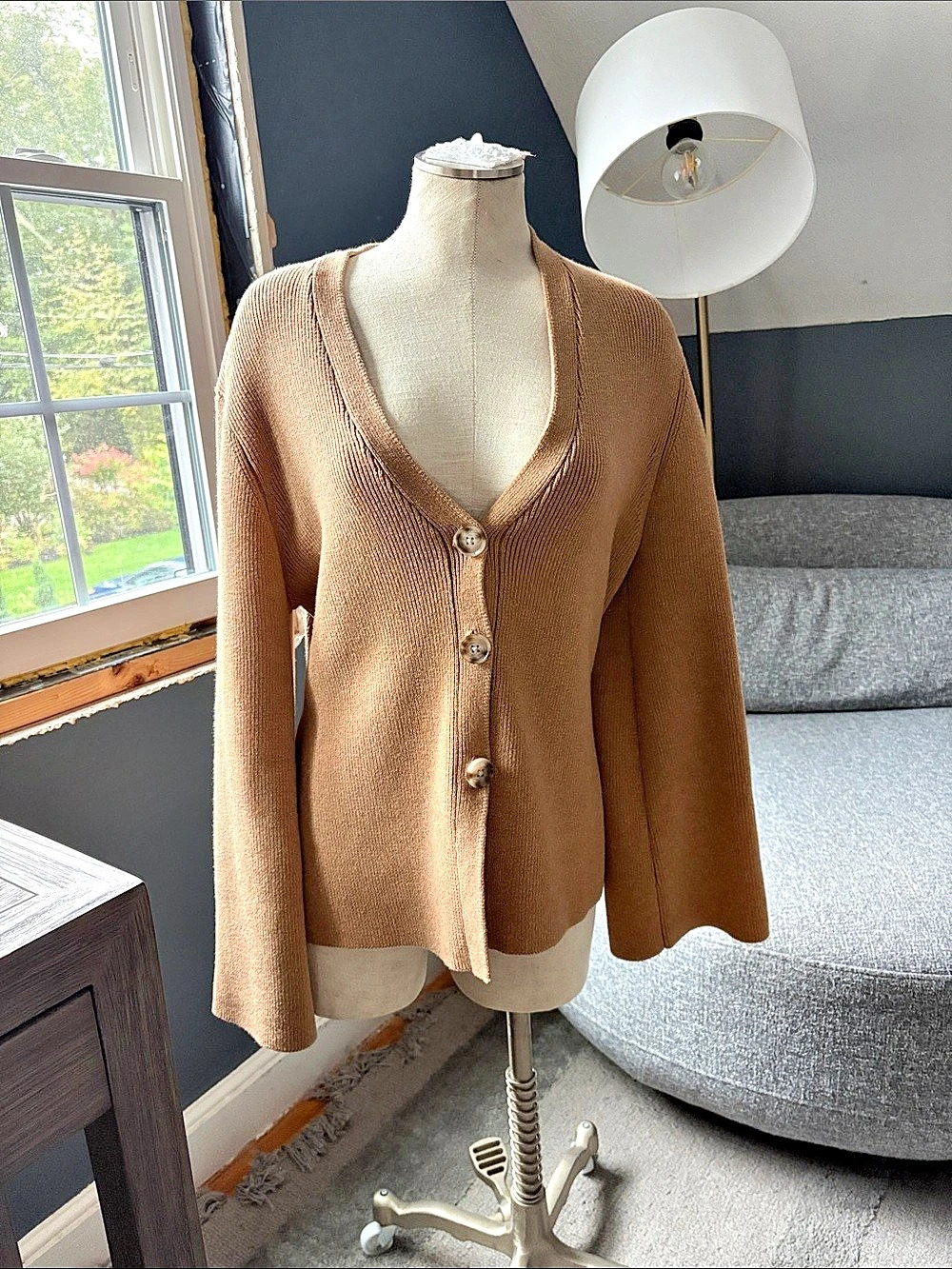 LOFT Ribbed Button Front Cardigan Brown Large